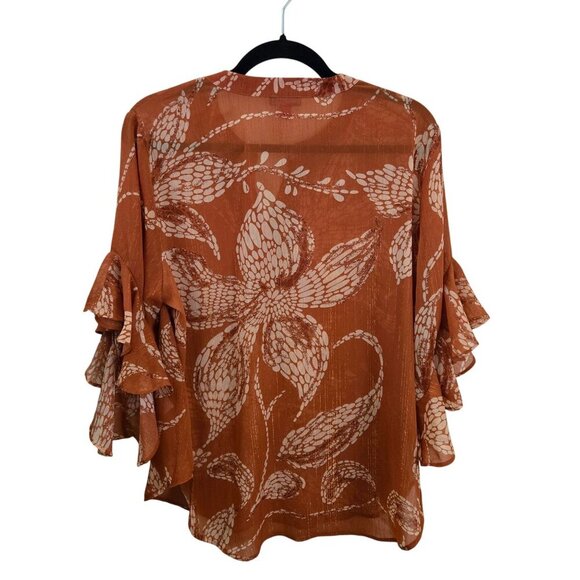 Vince Camuto Pintuck Ruffle Cuff Blouse Rust Leaf Pattern Subtle Sparkle Size L - Picture 3 of 12
